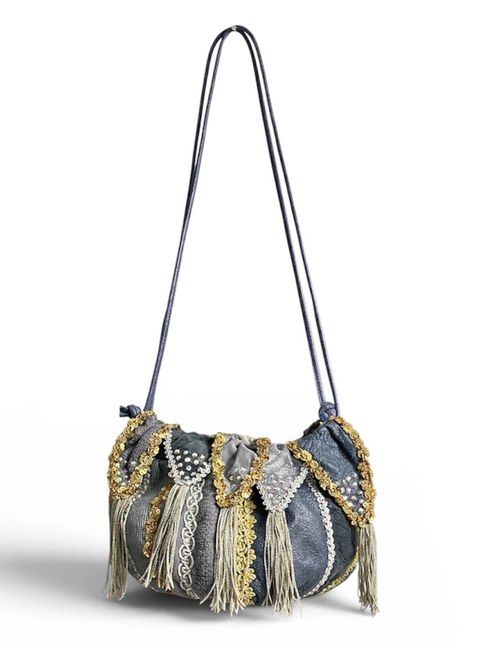 Rita Diana for Mylinka Embellished Blue Sequin Tassel Women's Shoulder Bag gold